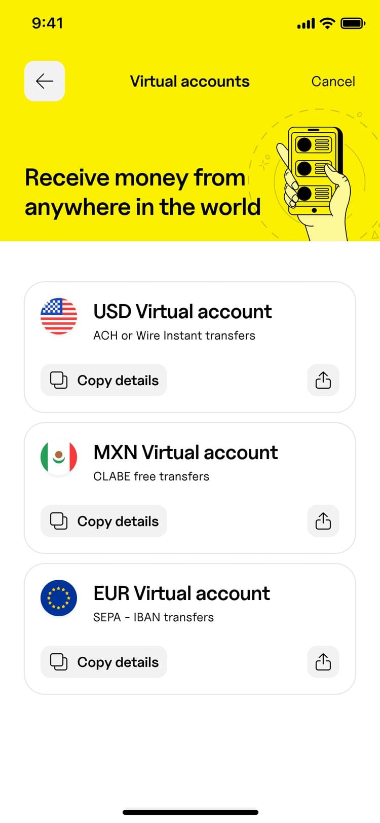 USD, MXN and EUR virtual accounts in Blaze