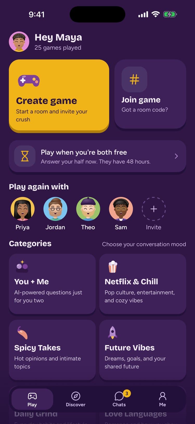 Play tab with create game, join game and categories