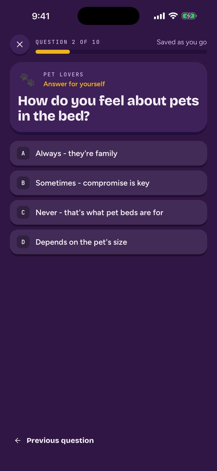 A question with four answers and a progress bar