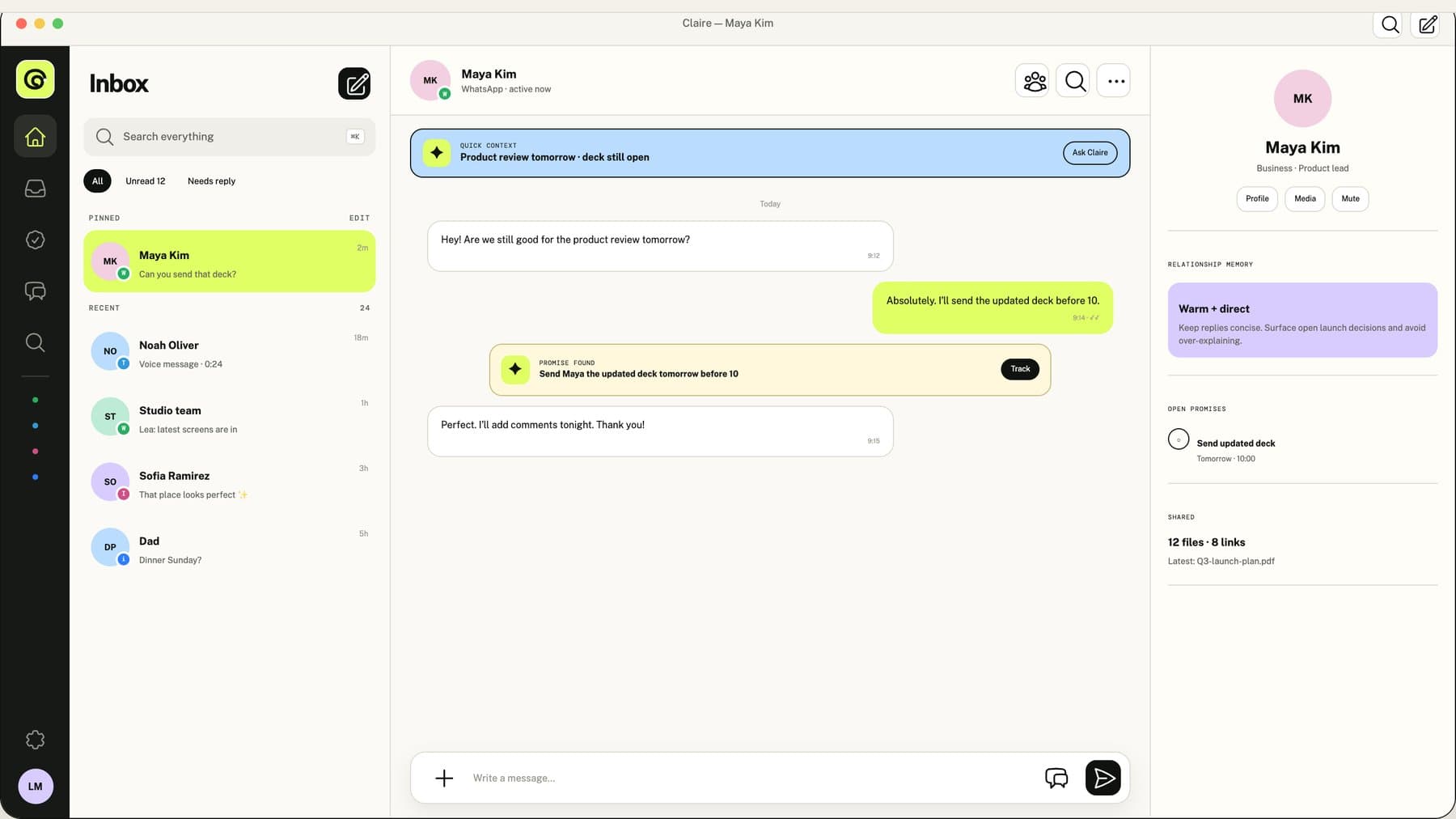 Claire desktop workspace with a promise found in a WhatsApp chat
