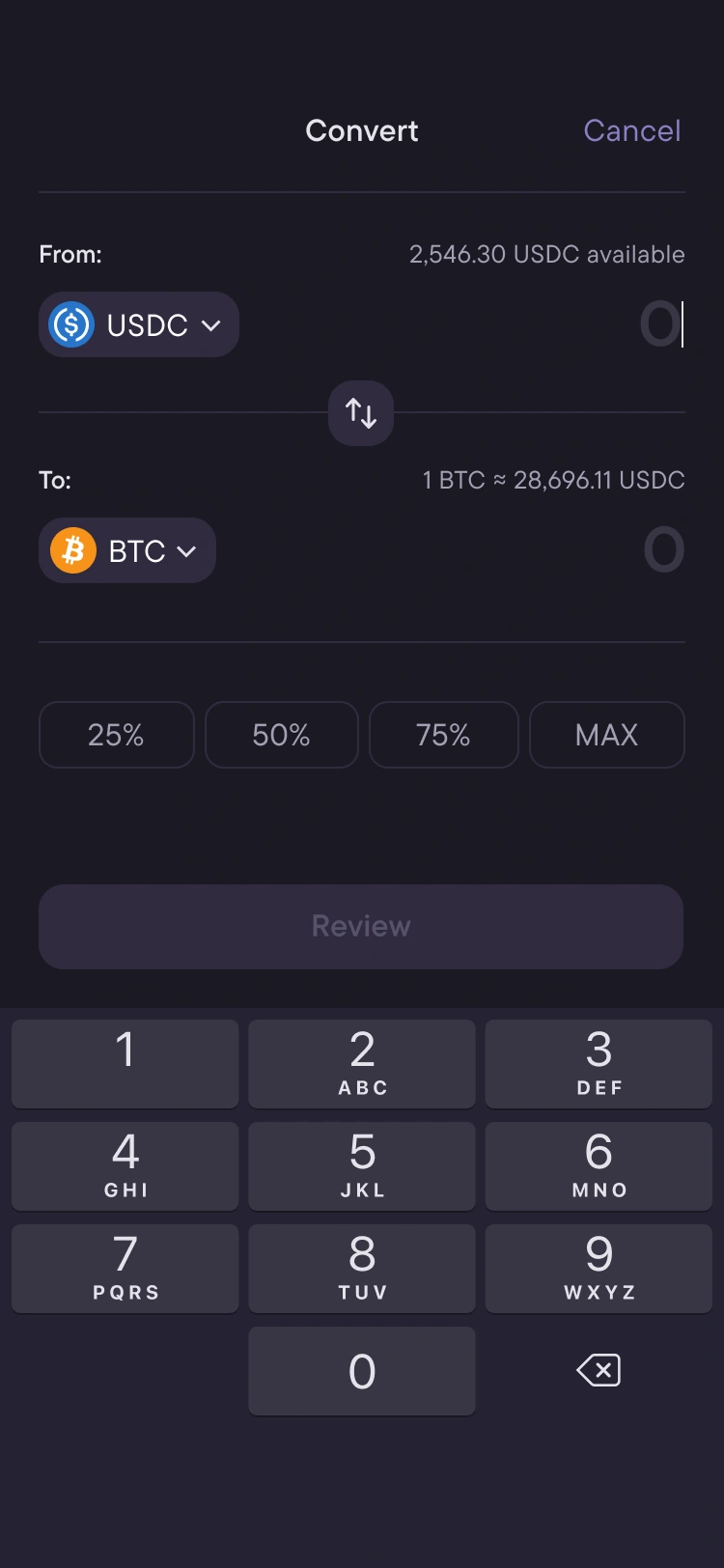 Mango Pay — Convert: USDC → BTC on a custom keypad
